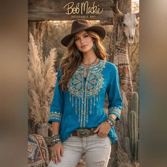 NWT Bob Mackie Wearable Art Embroidered Dreamcatcher Blue Jacket Size Medium - Picture 1 of 10